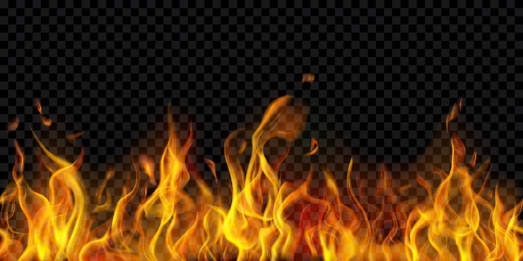 Vector translucent fire flames and sparks with horizontal repetition on transparent background
