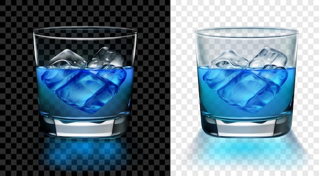 Vector translucent glass of blue water with ice cubes two options for dark and light background transparency only in vector format