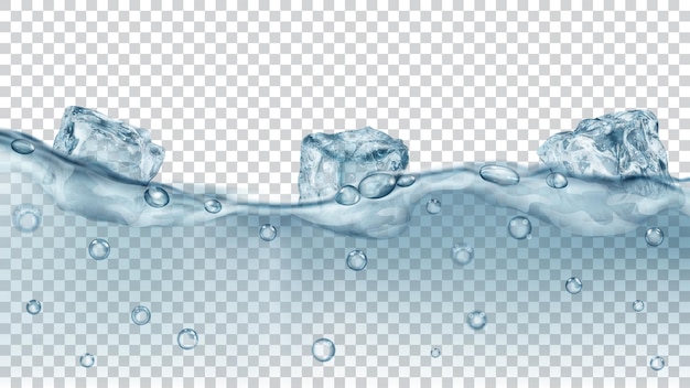 Вектор Полупрозрачные серые кубики льда и много пузырьков воздуха, плавающих в воде на прозрачном фоне. прозрачность только в векторном формате