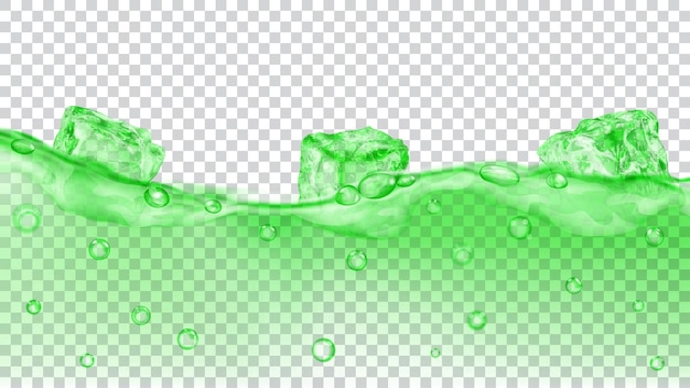 Vector translucent green ice cubes and many air bubbles floating in water on transparent background. transparency only in vector format