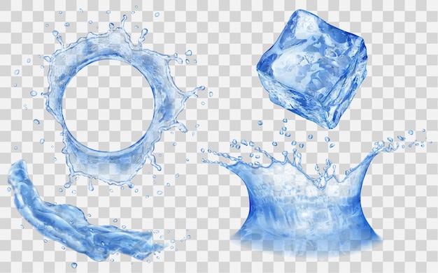 Vector translucent ice cube, splash and water crown with drops  top and side view