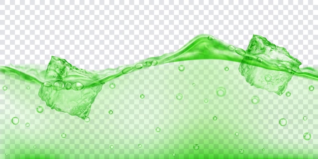 Translucent ice cubes and air bubbles floating in water on transparent background. Vector illustration in green colors. Transparency only in vector format