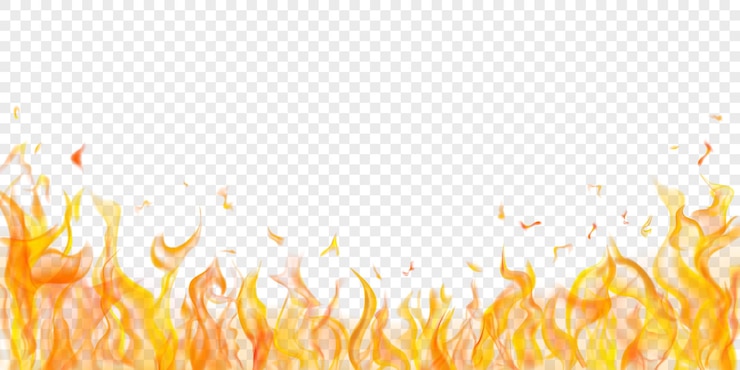 Vector translucent orange fire flames and sparks on transparent background for used on light illustrations transparency only in vector format