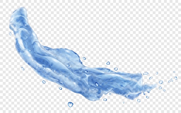透明な背景に分離された半透明のスプラッシュまたは青い色の滴が付いた水のジェット