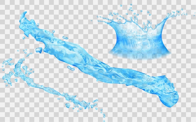 반투명 스플래시와 방울이 있는 물 왕관 - 측면 보기. 밝은 파란색 색상으로 투명한 배경에서 분리됩니다. 벡터 파일의 투명도