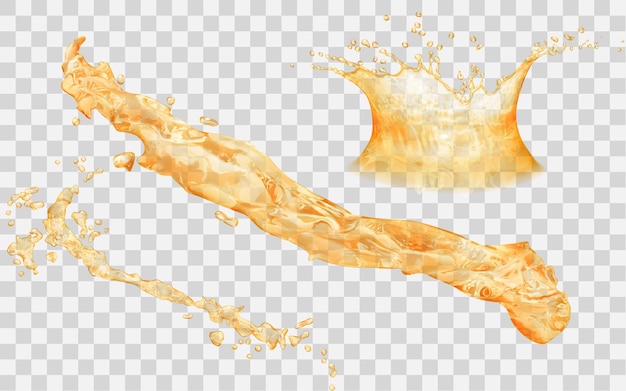 Vector translucent splashes and water crown with drops side view in yellow colors