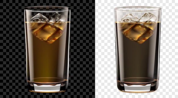 Vector translucent tall glass of brown cocktail with ice cubes two options for dark and light background transparency only in vector format