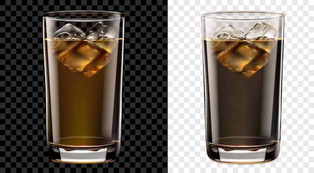 Translucent tall glass of brown cocktail with ice cubes two options for dark and light background transparency only in vector format