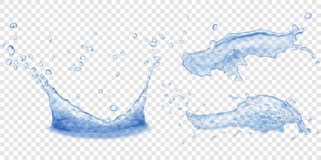 Corona d'acqua traslucida e schizzi con gocce nei colori blu isolati su sfondo trasparente trasparenza solo nel file vettoriale