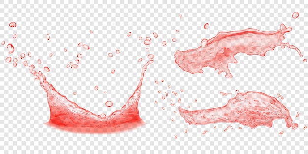 Vettore corona d'acqua traslucida e schizzi con gocce di colore rosso isolati su sfondo trasparente