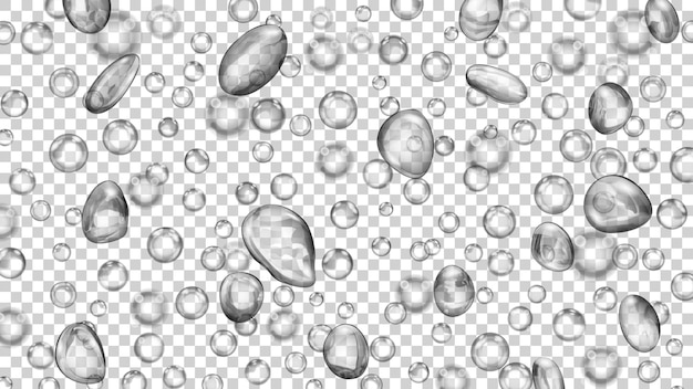 Vector translucent water drops and bubbles of different shapes in gray colors on transparent background. transparency only in vector format