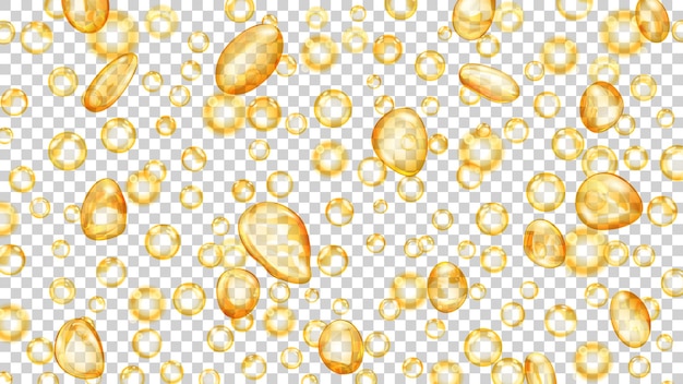 透明な背景に黄色の半透明の水滴とさまざまな形の泡。ベクトル形式のみの透明度