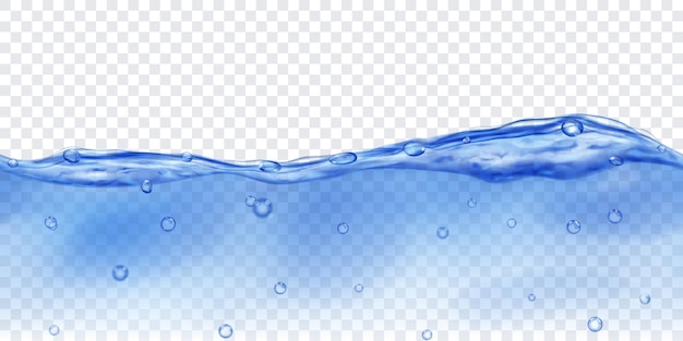 Полупрозрачная вода голубого цвета с пузырьками воздуха с бесшовным горизонтальным повторением, изолированным на прозрачном фоне