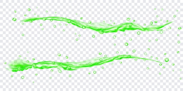 Translucent water jets with drops in green colors, isolated on transparent background. Transparency only in vector file