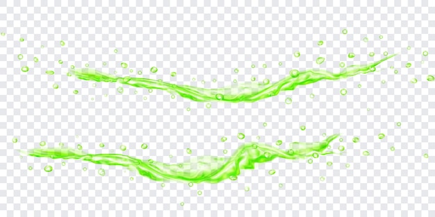 Translucent water jets with drops in green colors isolated on transparent background Transparency only in vector file