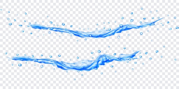 Vector translucent water jets with drops in light blue colors isolated on transparent background