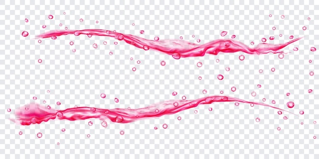 Translucent water jets with drops in red colors, isolated on transparent background. transparency only in vector file