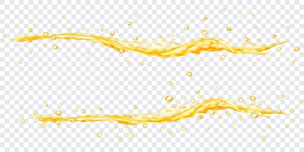 Vector translucent water jets with drops in yellow colors, isolated on transparent background. transparency only in vector file