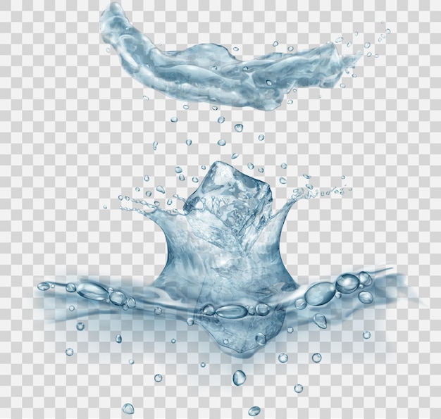 Vector translucent water surface with crown and drops from falling ice cubes splash in gray colors