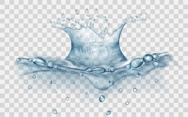 Vector translucent water surface with crown and drops from falling object. splash in gray colors, isolated on transparent backdrop. side view. transparency only in vector file