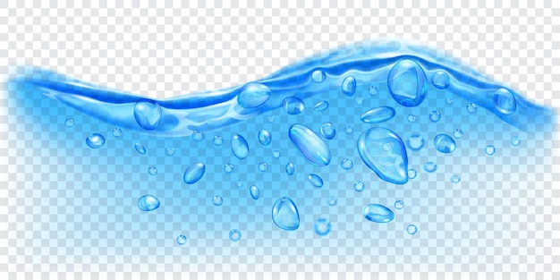 Vector translucent water wave in light blue colors with air bubbles and drops, isolated on transparent background. transparency only in vector file