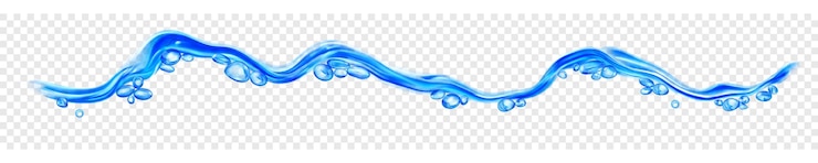 Vector translucent water wave with drops and bubbles in blue colors isolated on transparent background