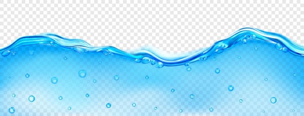 Vector translucent wave of sea water in light blue color with air bubbles on the surface and in the depth isolated on transparent background