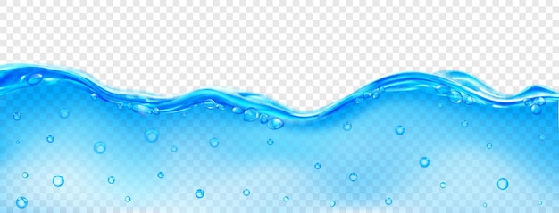 Vector translucent wave of sea water in light blue color with air bubbles on the surface and in the depth isolated on transparent background