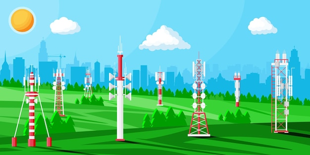 Vector transmission cellular tower antenna landscape network broadcast equipment isolated broadcasting internet television cell station 4g 5g satellite communication antenna flat vector illustration