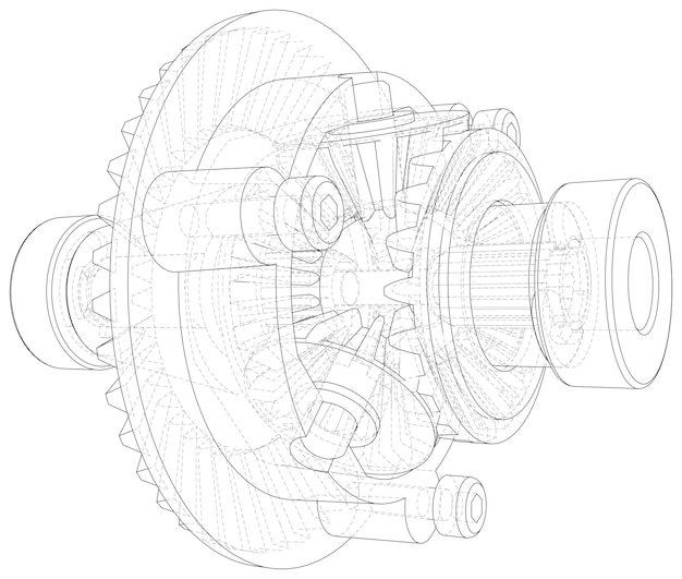 Vector transmission gearbox inside on white background vector rendering of 3d wireframe style