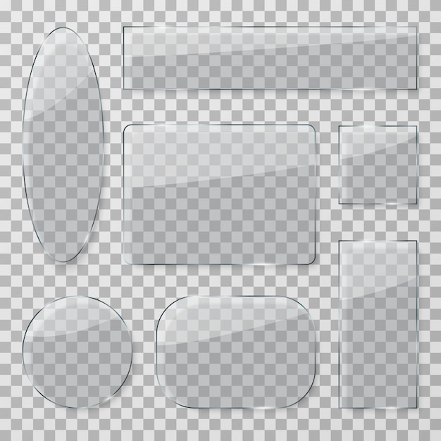 Vector transparant glazen knoppen. kunststof glanzende doorzichtige platen. glanzende glazen rechthoekige en ronde texturen geïsoleerde set