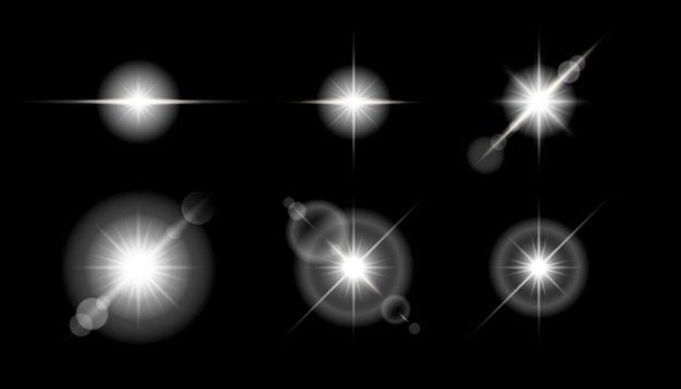 Transparant zonlicht speciaal effect ingesteld op zwarte achtergrond vector lens flare licht zonnestralen flitsen