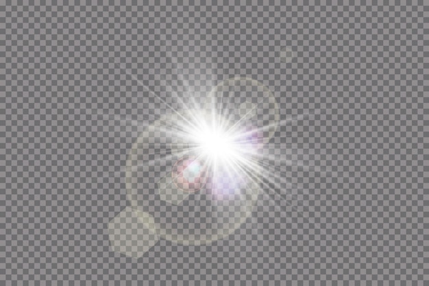 Transparant zonlicht speciaal lens flare lichteffect. Zonneflits met stralen en schijnwerpers.