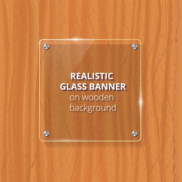 Transparante glasplaat. bruine houten achtergrond. decoratief element. kunststof glanzend paneel met reflectie, schaduw.