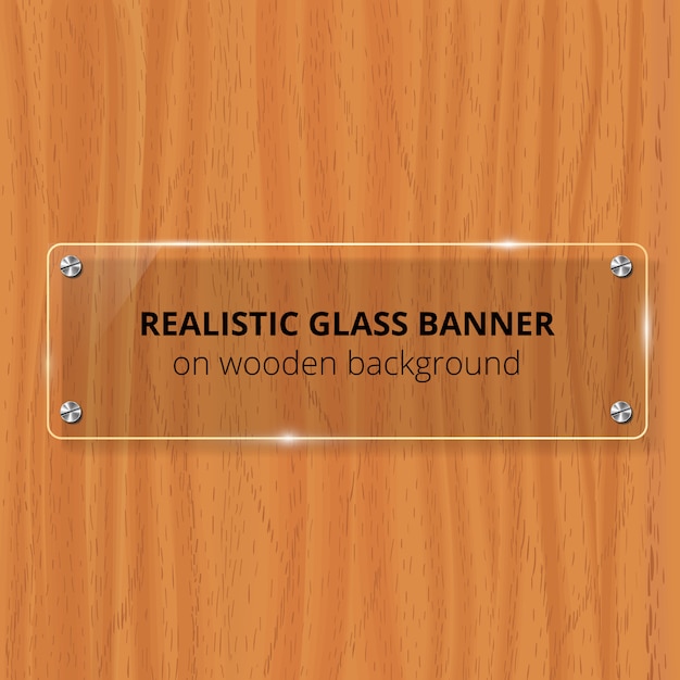 Transparante glasplaat. Bruine houten achtergrond. Decoratief element. Kunststof glanzend paneel met reflectie, schaduw.