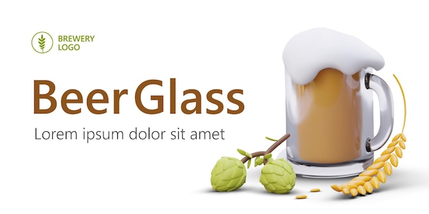 Transparante glazen mok met licht bier 3D-afbeelding van bier van natuurlijke ingrediënten