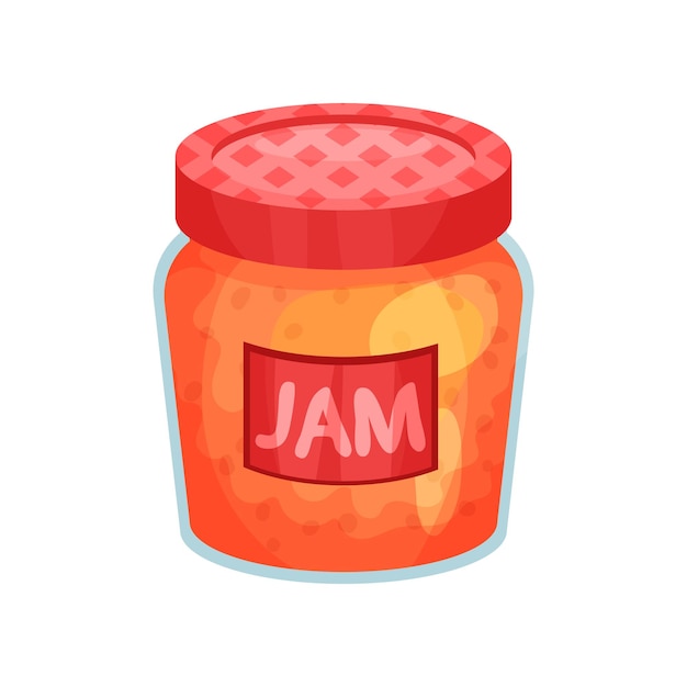 Transparante glazen pot met appeljam Bank met rood deksel en label Heerlijke fruitmarmelade Concept van biologisch landbouwproduct Cartoon platte vector icon