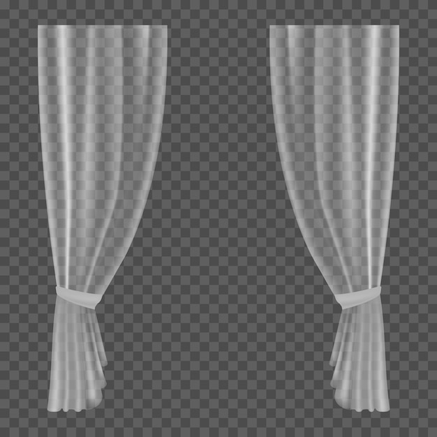 Vector transparante gordijnen lichtgewicht duidelijke draperie textiel opknoping golf satijn of zijde gordijn stof vormen voor raamdecoratie interieur object 3d-realistische vector geïsoleerde enkele illustratie