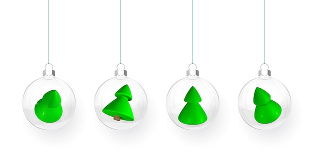 Transparante kerstballen met geschenkdozen en kerstbomen erin. kerst glazen bol. vakantie decoratie sjabloon. vector illustratie.