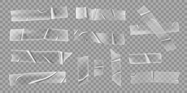 Transparante plakband Realistische gerimpelde verfrommelde doorzichtige plastic plakstrips Scotch pieces