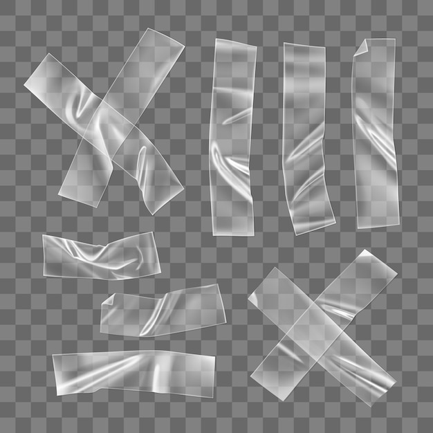 Transparent adhesive plastic tape pieces and cross for fixing isolated. Crumpled glue plastic sticky tape for photo and paper fixture. 3d realistic wrinkled strips vector