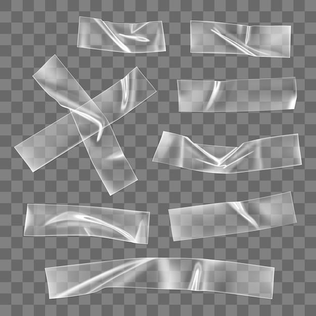 Vector transparent adhesive plastic tape pieces and cross for fixing isolated on transparent background.