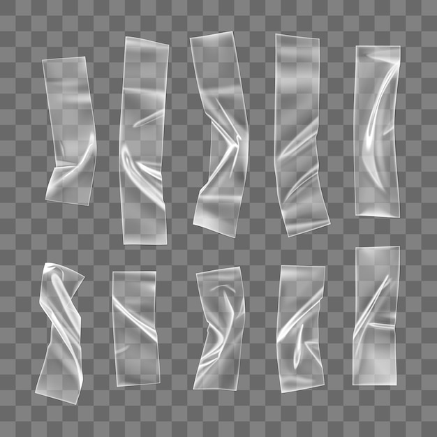 Transparent adhesive plastic tape set isolated. crumpled glue plastic sticky tape for photo and paper fixture. realistic wrinkled strips isolated