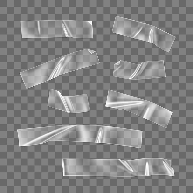 Vector transparent adhesive plastic tape set isolated . realistic wrinkled strips isolated