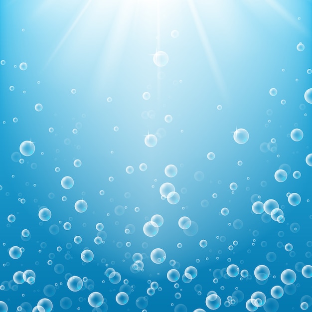 Vector transparent air bubbles under the rays on transparent background.  effervescent sparks in the water, sea, aquarium, ocean.underwater texture.