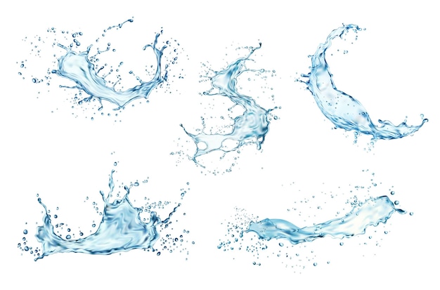 Vector transparent blue water wave splashes with drops