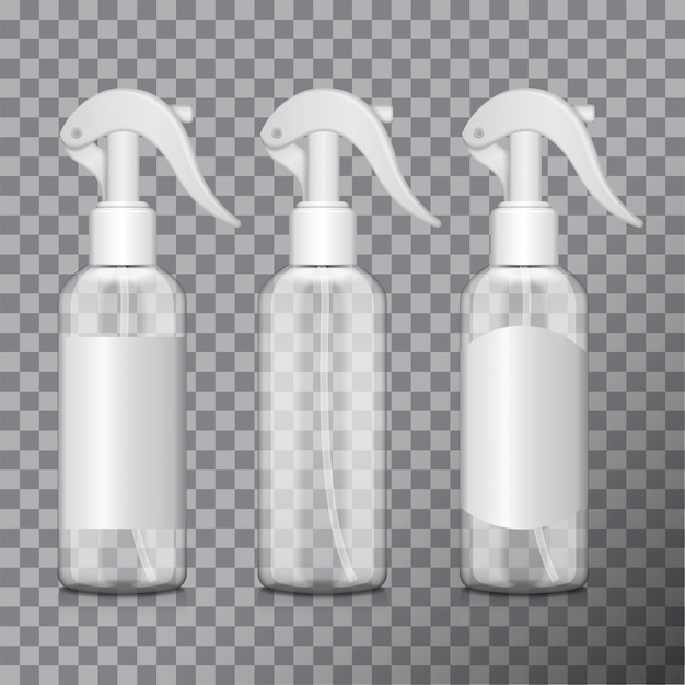 Transparent bottle with atomizer.  bottle medical vial, flask, flacon with different labels