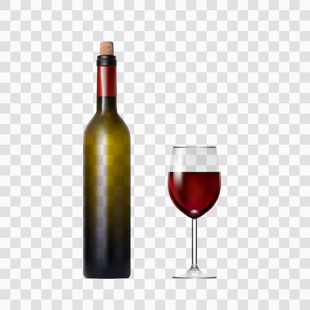 Vector transparent bottle with red wine and glass