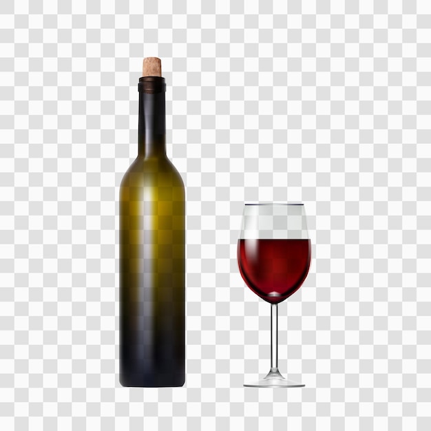 Transparent bottle with red wine and glass