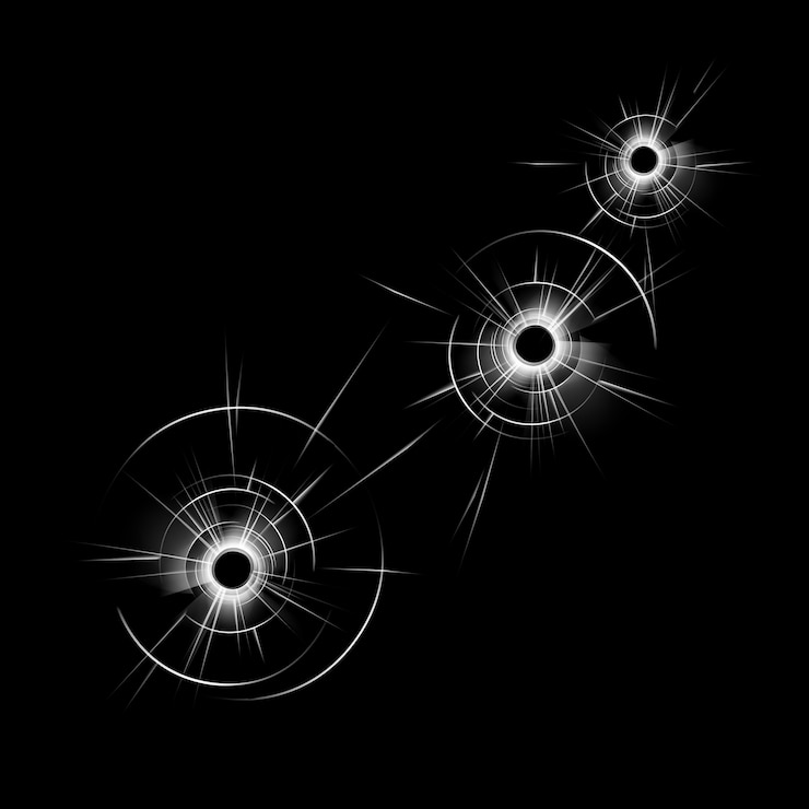 Vector transparent broken glass window with three bullet holes close up isolated on dark black background